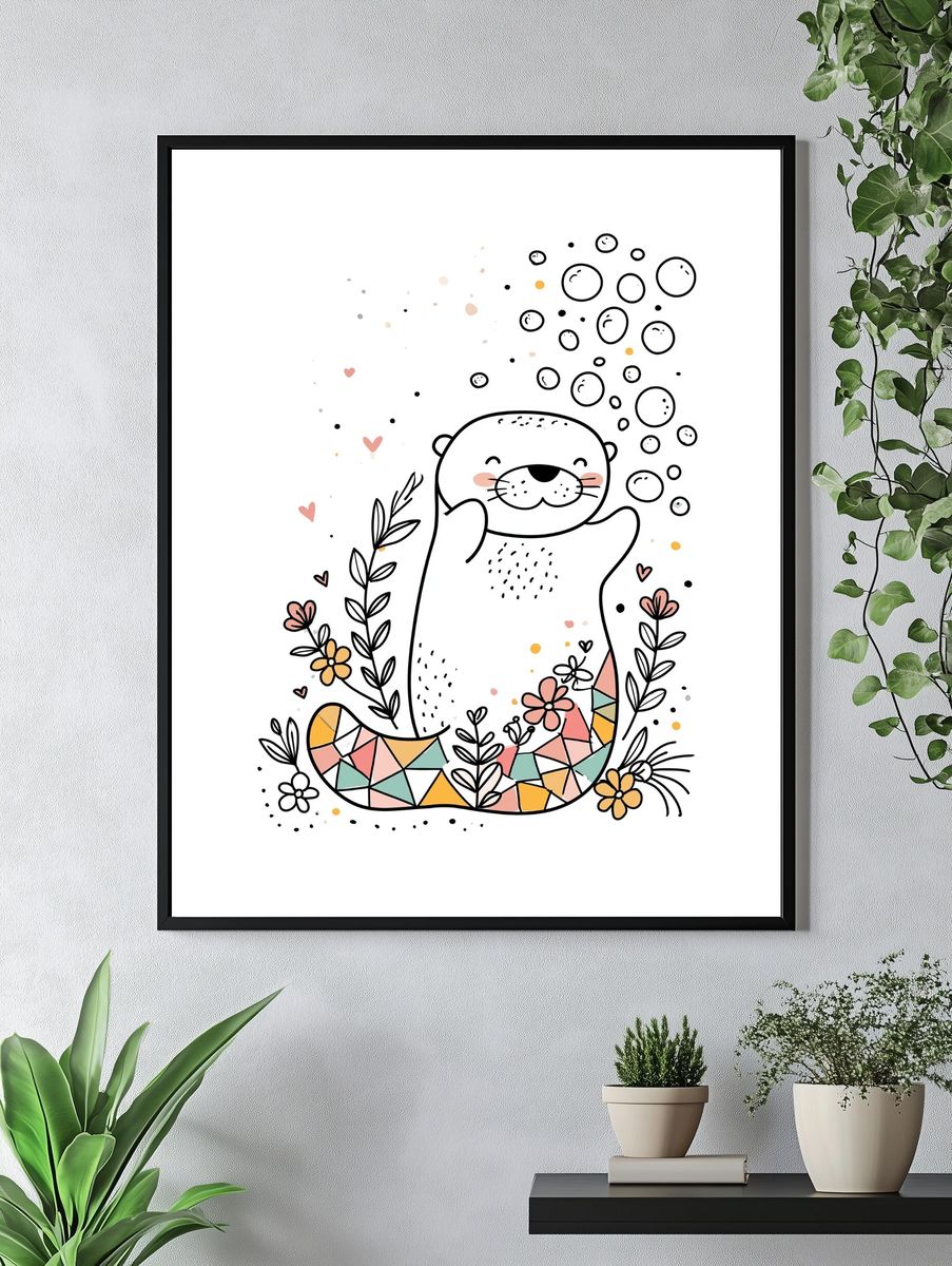 Cute Otter Floral Illustration Poster. — room view 4