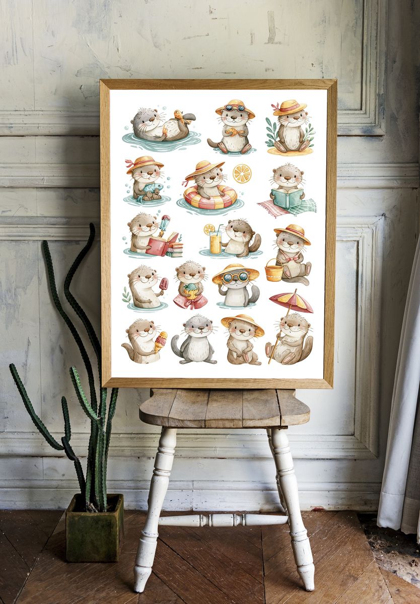 Cute Otter Summer Watercolor Poster. room preview