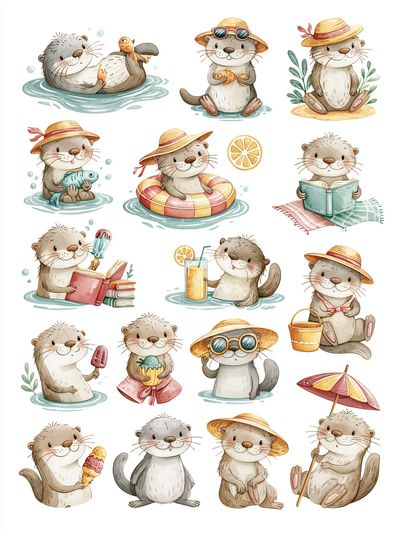 Cute Otter Summer Watercolor Poster. poster print