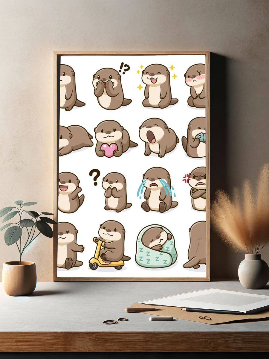 Cute Otter Expressions Illustration Poster. — room view 2