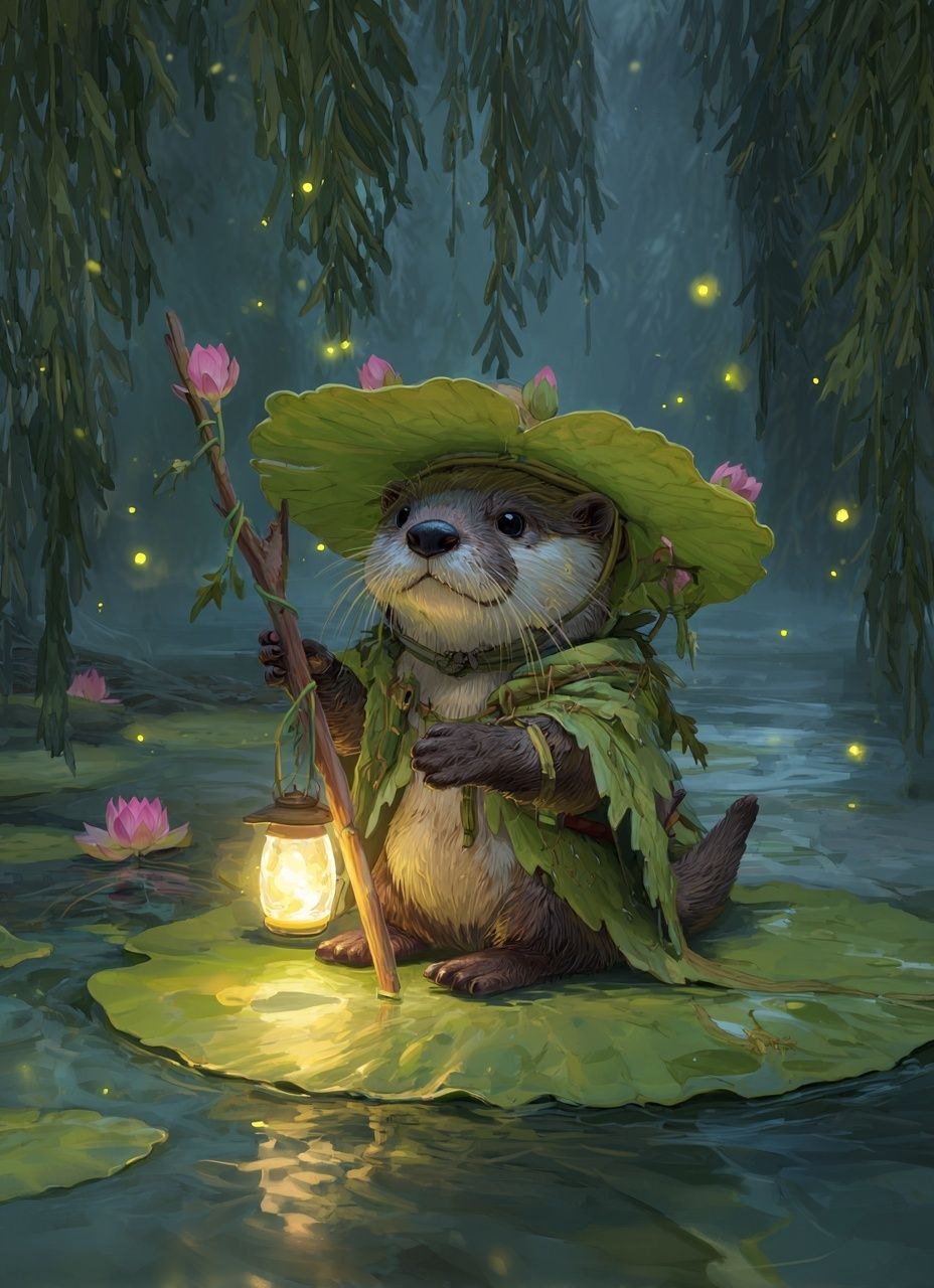 Whimsical Otter in a Lantern Light — Illustration Print. poster detail