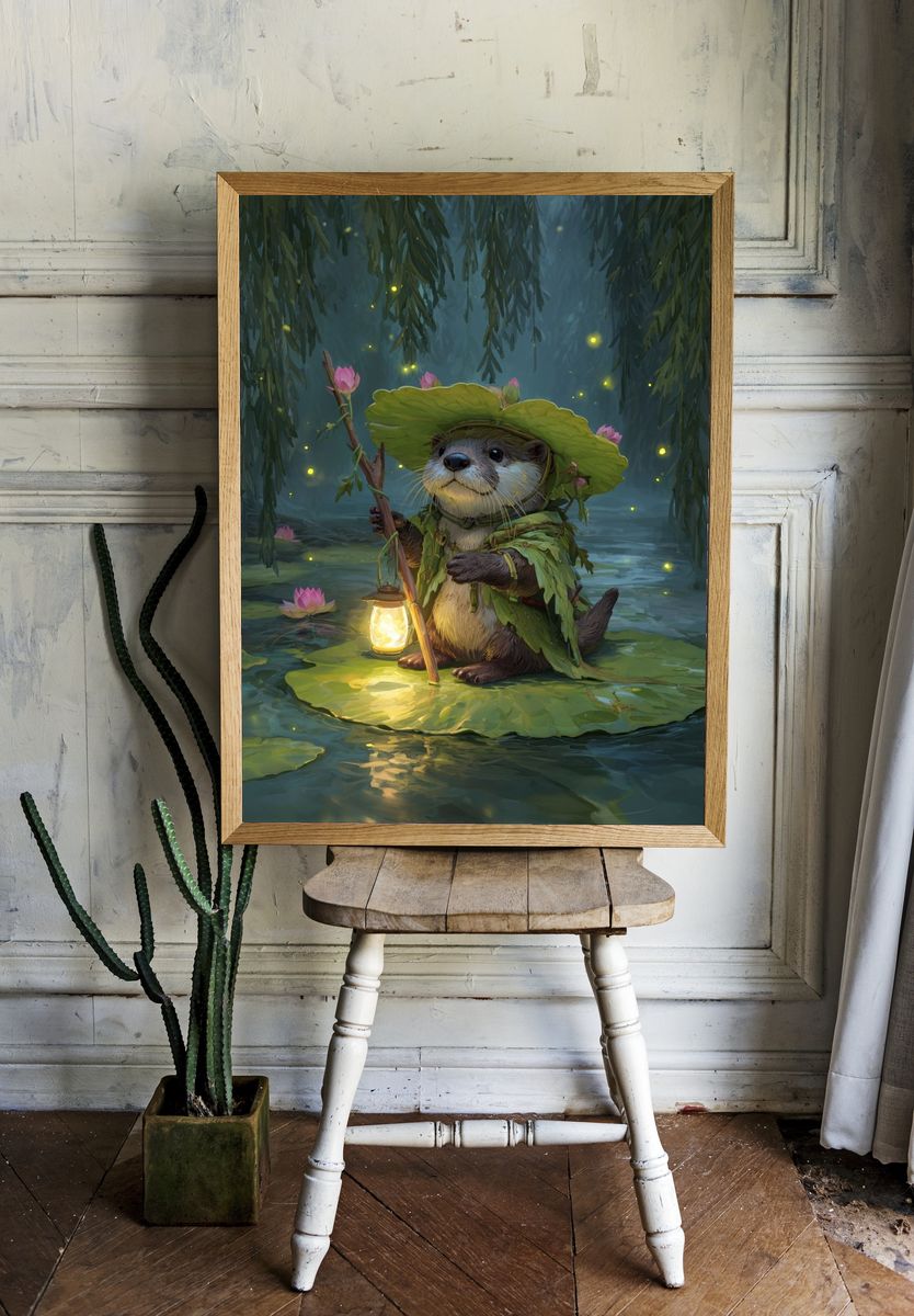 Whimsical Otter in a Lantern Light — Illustration Print. — room view 1