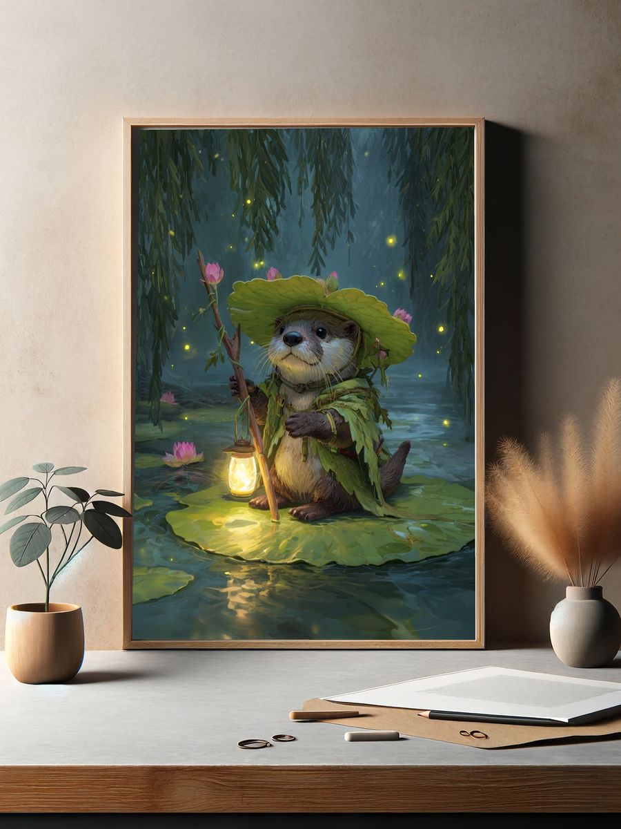 Whimsical Otter in a Lantern Light — Illustration Print. — room view 2