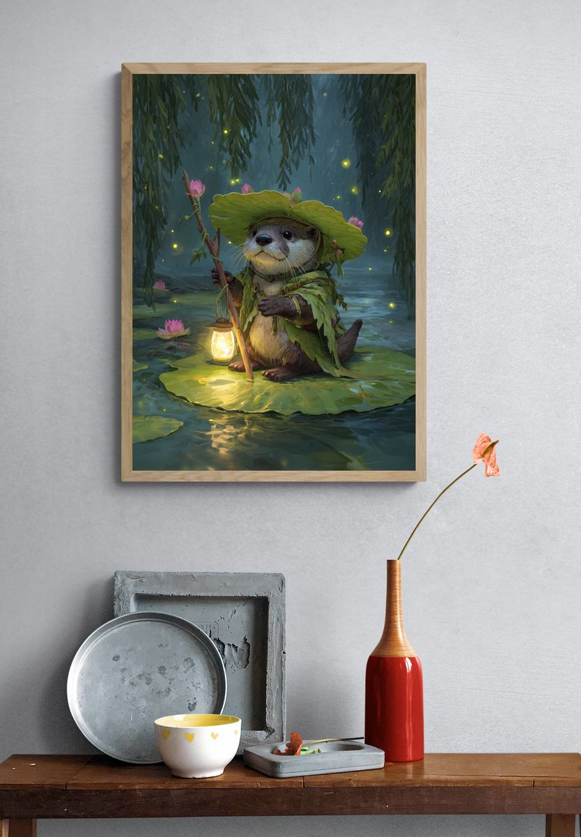 Whimsical Otter in a Lantern Light — Illustration Print. — room view 3
