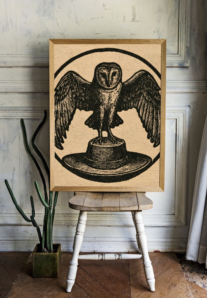 Owl Emblem Vintage Print. room preview