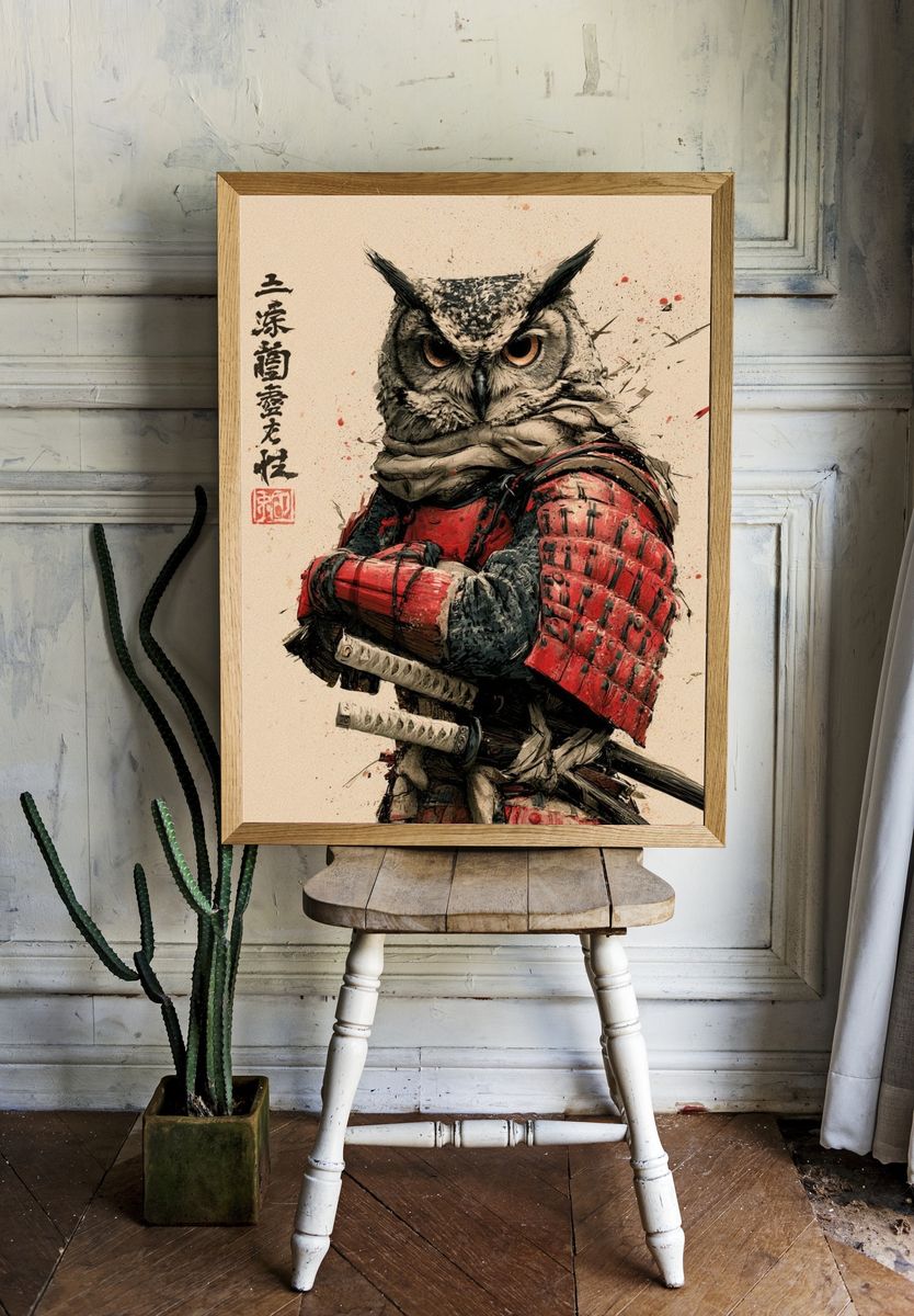 Samurai Owl Illustration Poster. room preview