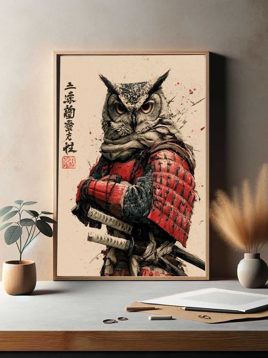 Samurai Owl Illustration Poster. — room view 2
