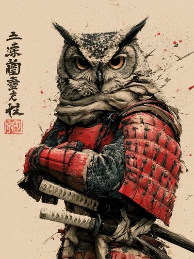 Samurai Owl Illustration Poster.