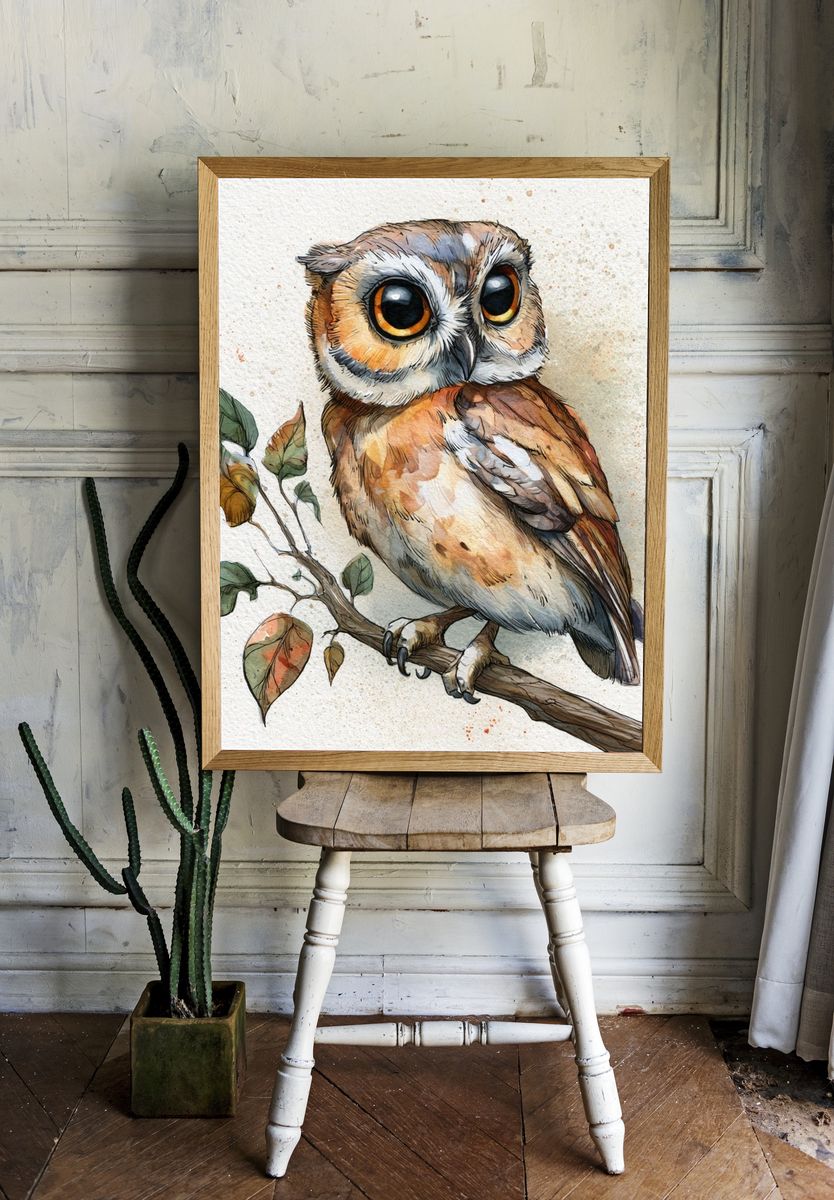 Watercolor Owl Botanical Poster. — room view 1