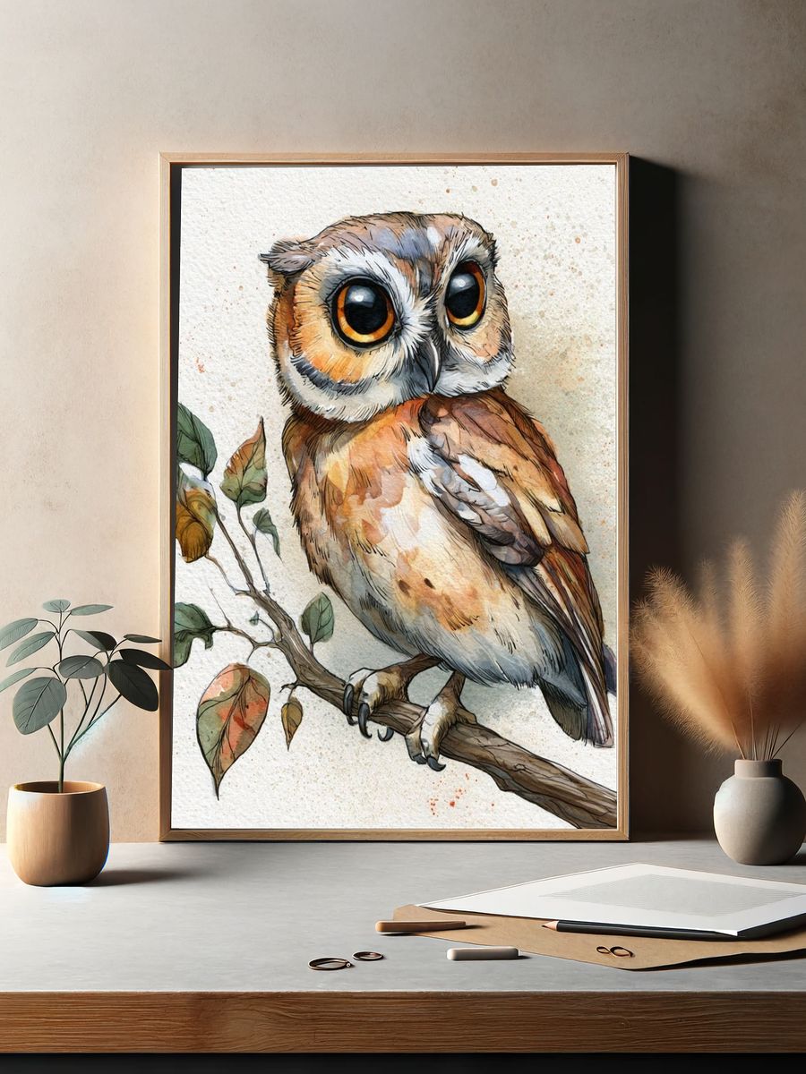 Watercolor Owl Botanical Poster. — room view 2