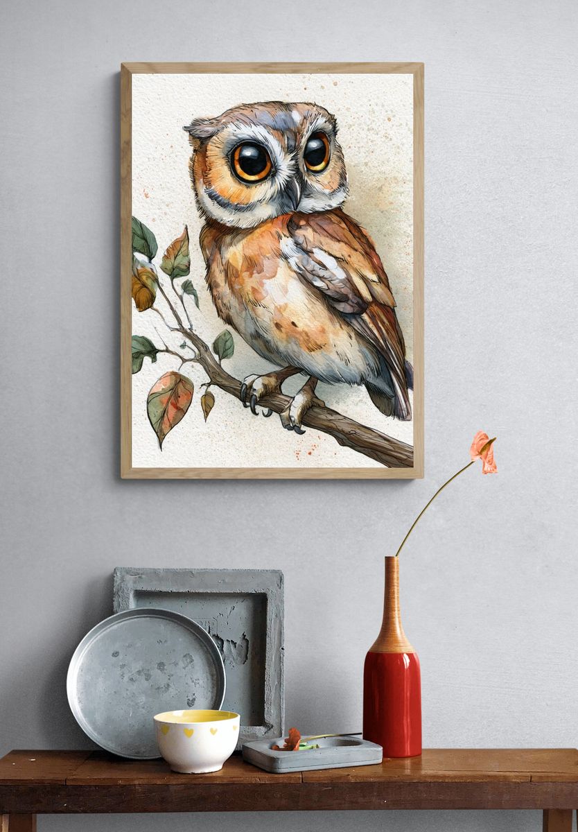 Watercolor Owl Botanical Poster. — room view 3