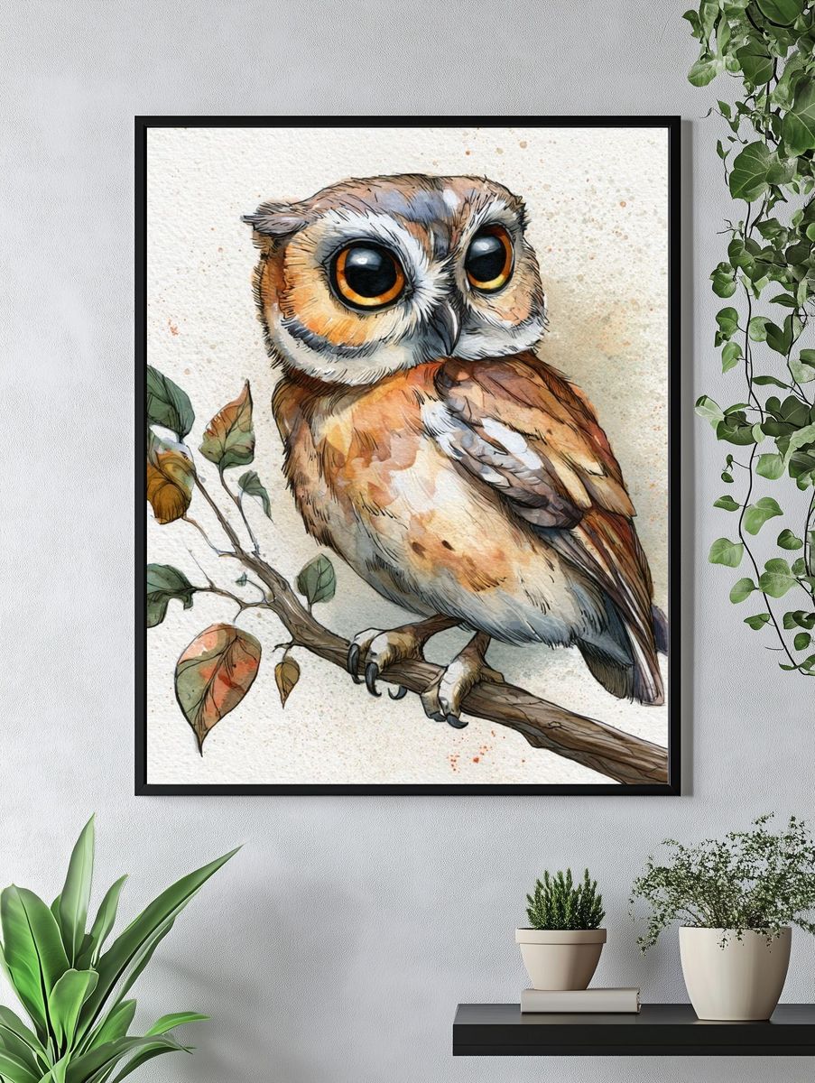 Watercolor Owl Botanical Poster. — room view 4