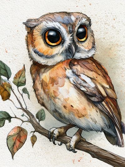 Watercolor Owl Botanical Poster.