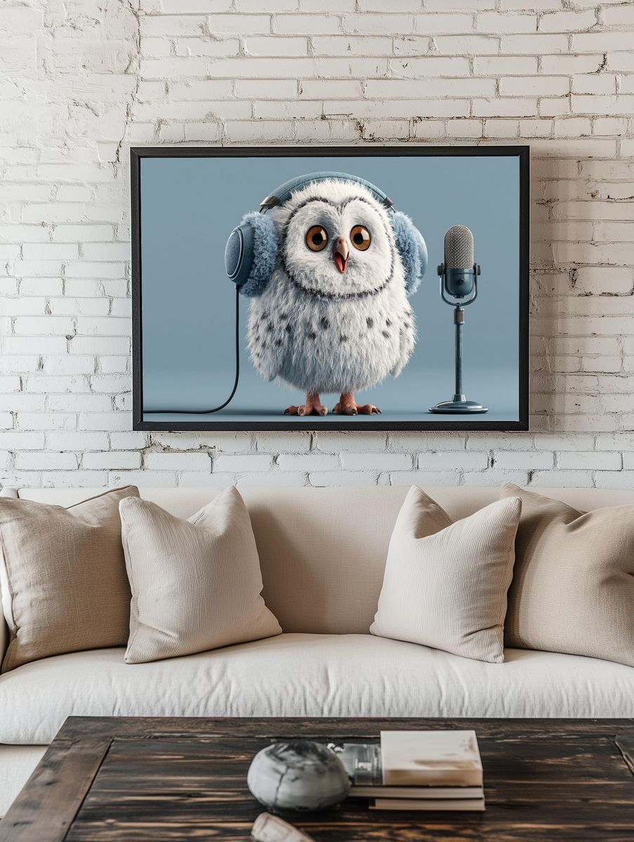 Cute Owl with Microphone Illustration Poster. — room view 1