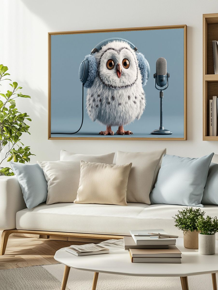 Cute Owl with Microphone Illustration Poster. — room view 2