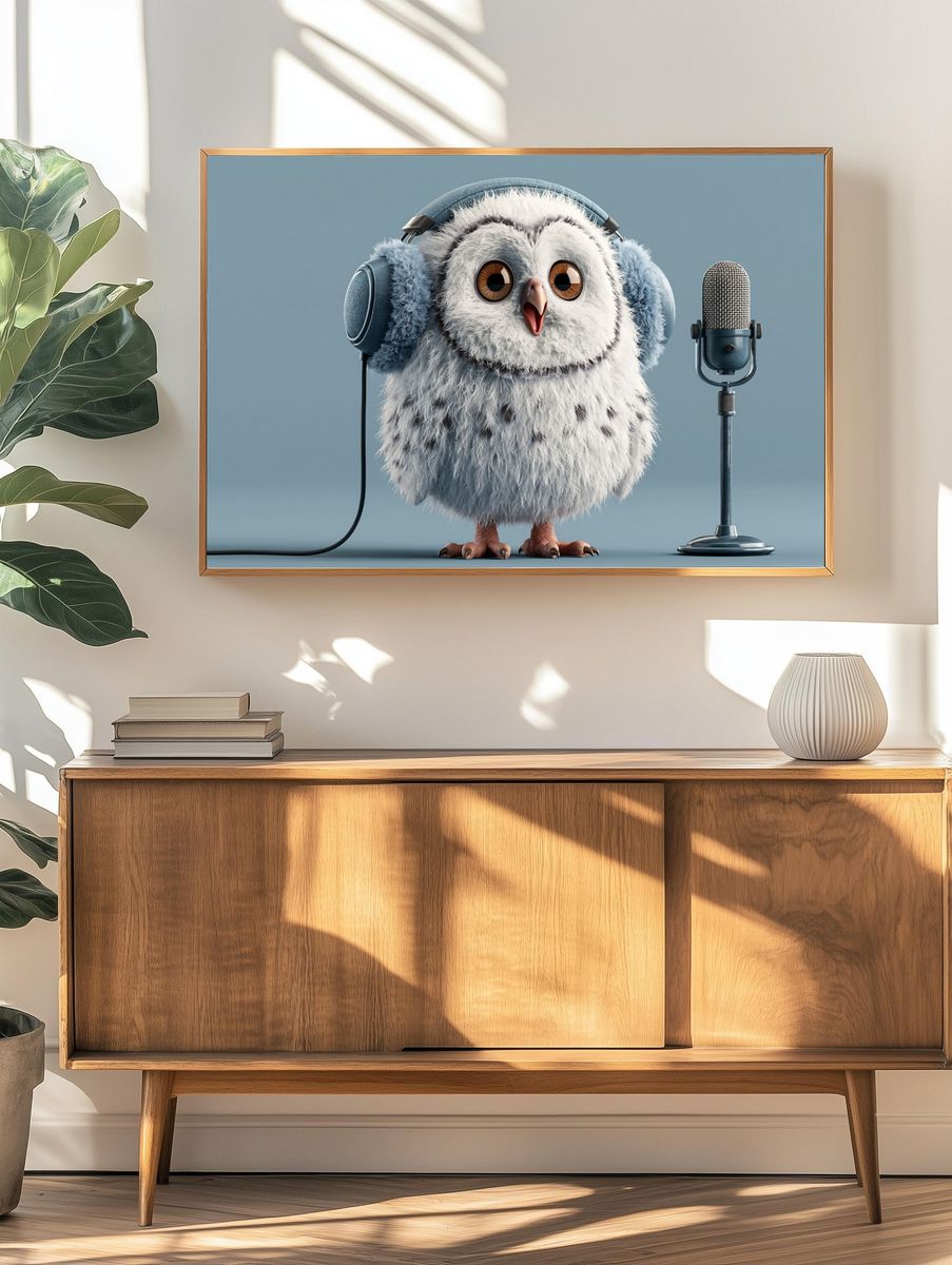 Cute Owl with Microphone Illustration Poster. — room view 3