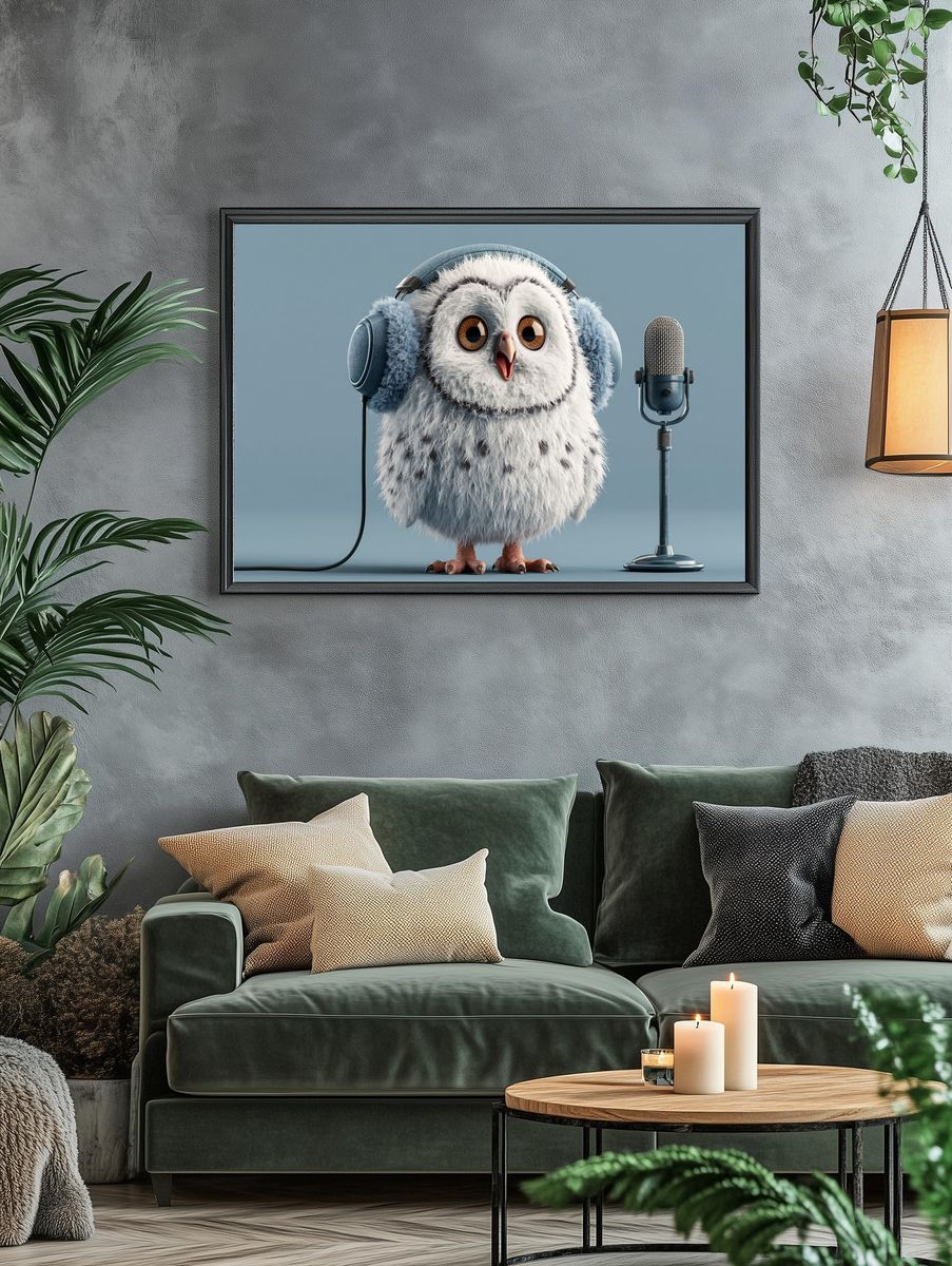Cute Owl with Microphone Illustration Poster. — room view 4