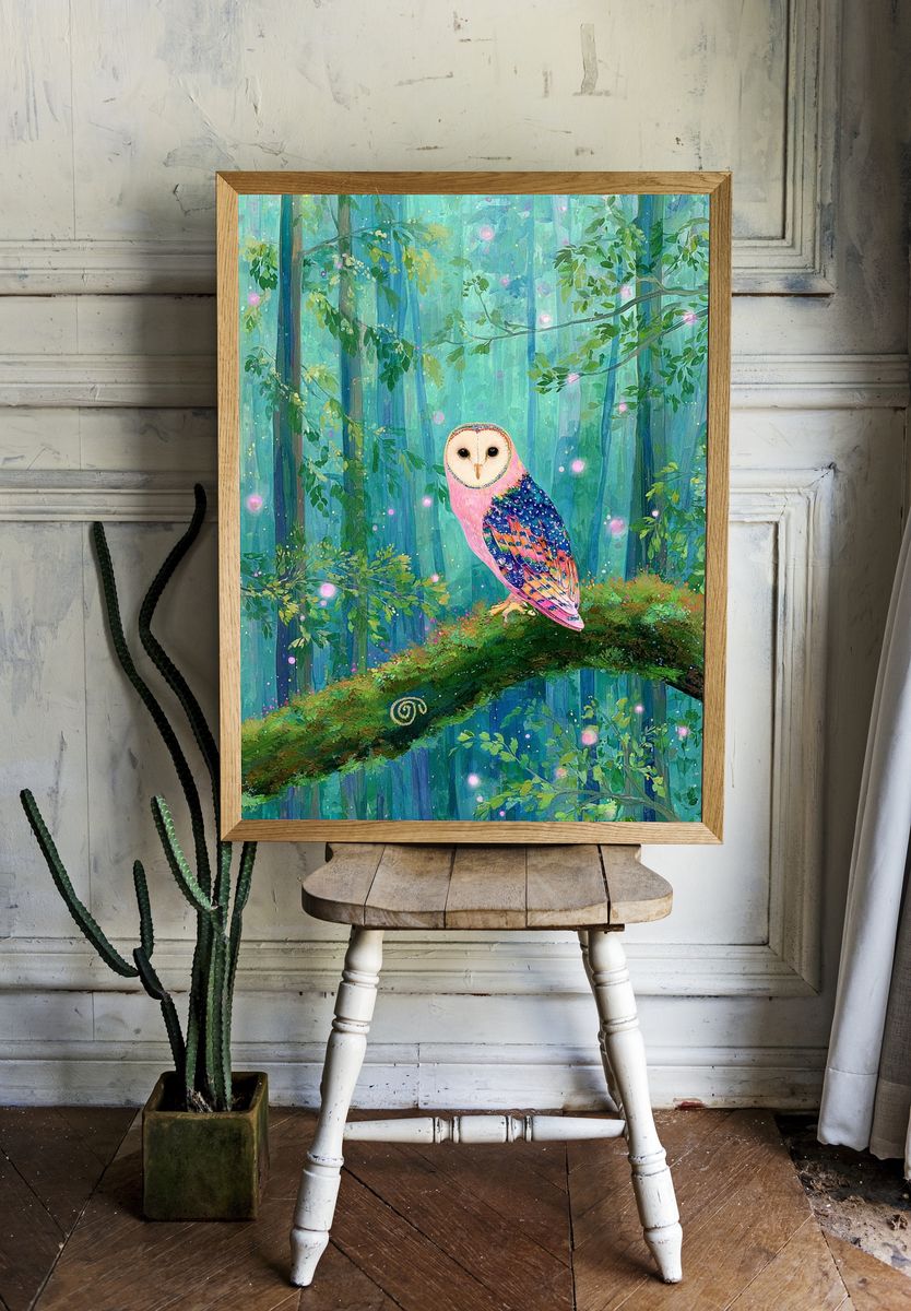 Colorful Owl in Enchanted Forest Poster. — room view 1