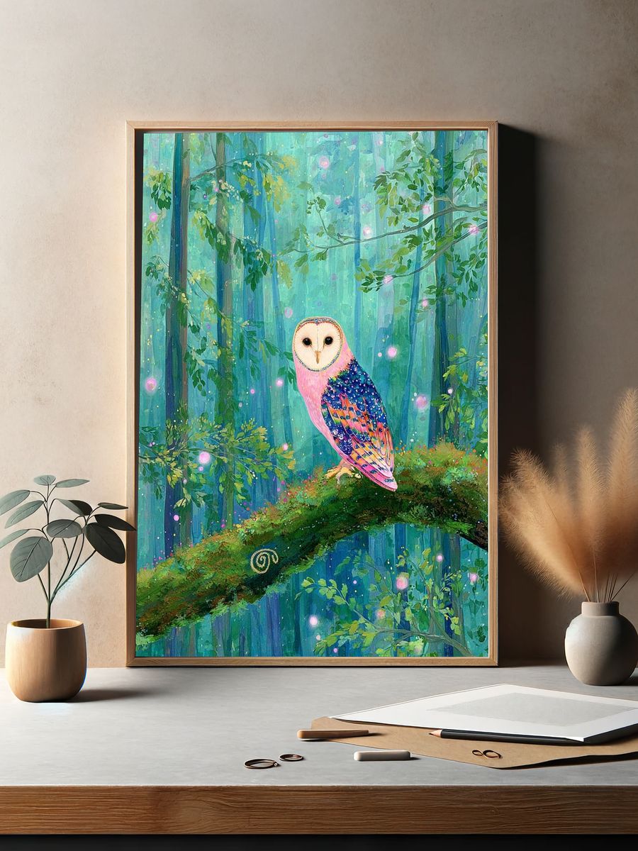 Colorful Owl in Enchanted Forest Poster. — room view 2