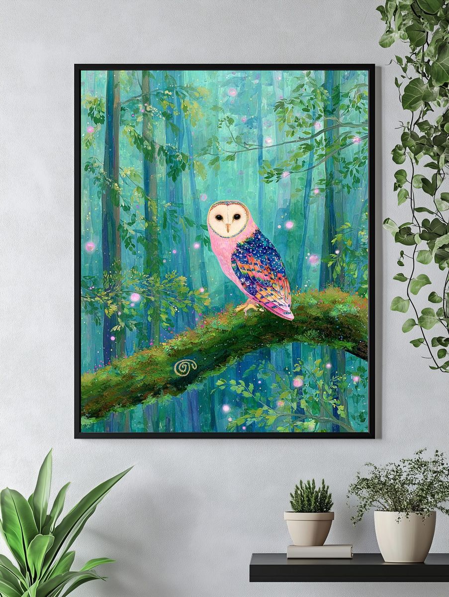 Colorful Owl in Enchanted Forest Poster. — room view 4