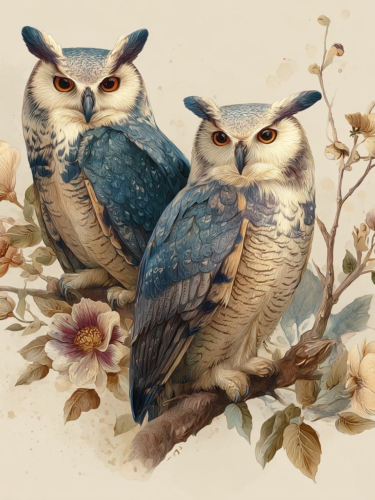 Owls and Flowers — Illustration Print. poster — illustration art