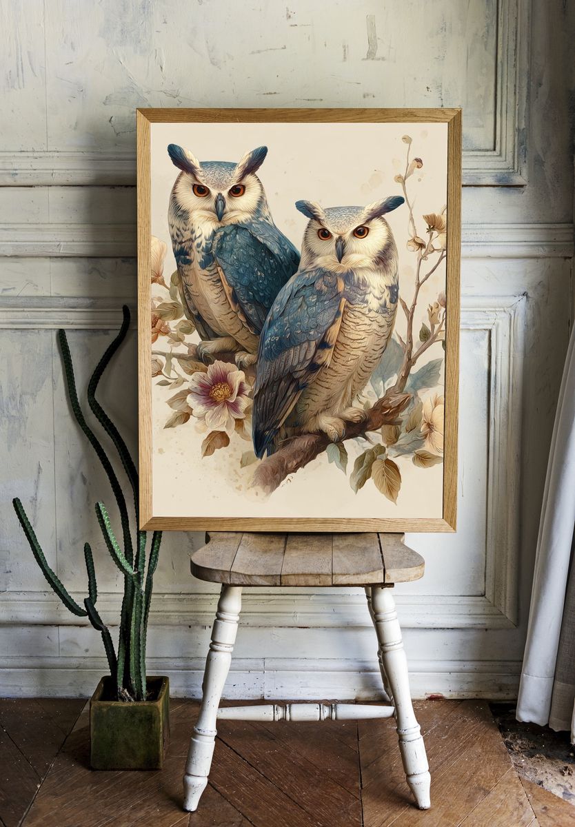 Owls and Flowers — Illustration Print. — room view 1