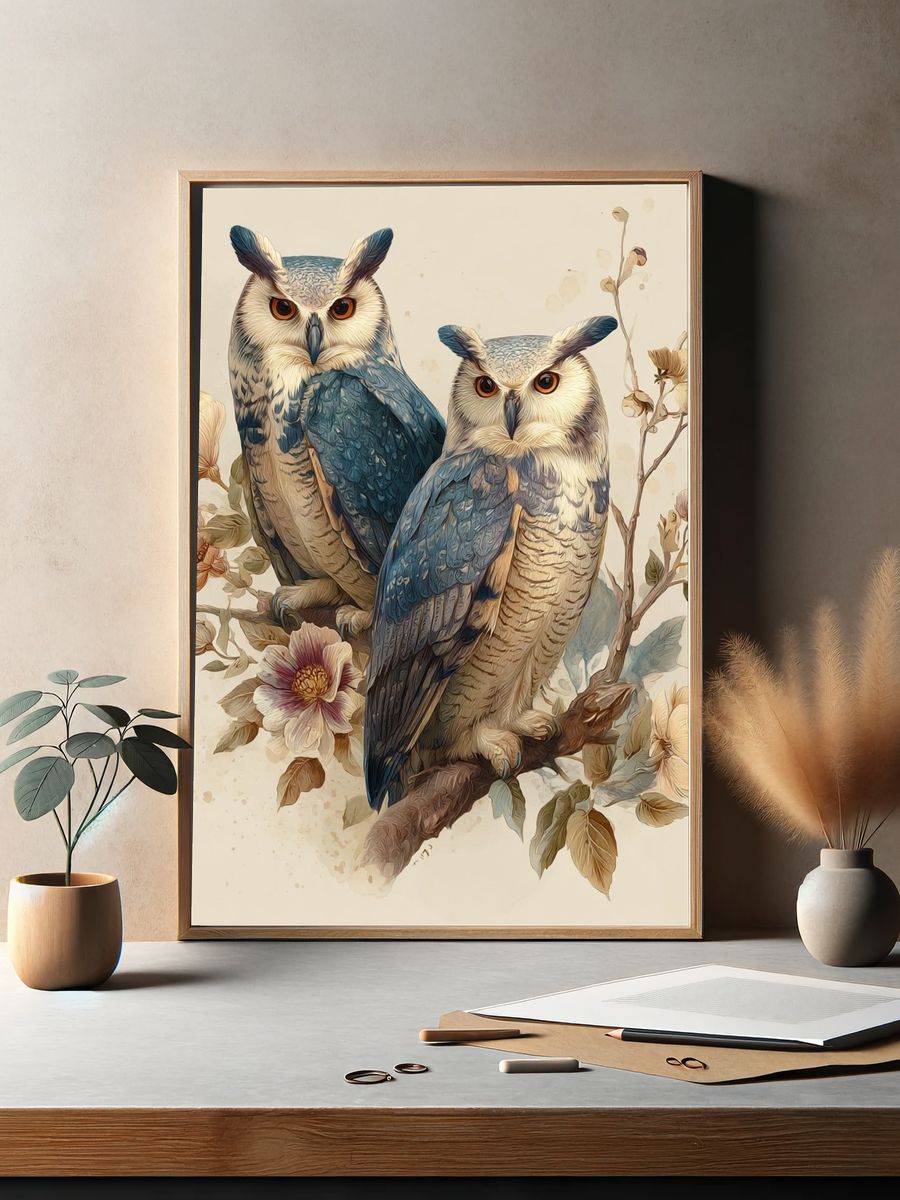 Owls and Flowers — Illustration Print. — room view 2