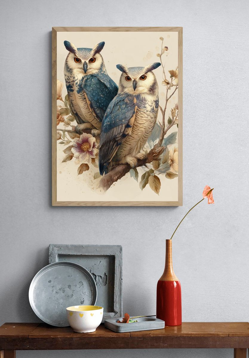 Owls and Flowers — Illustration Print. — room view 3