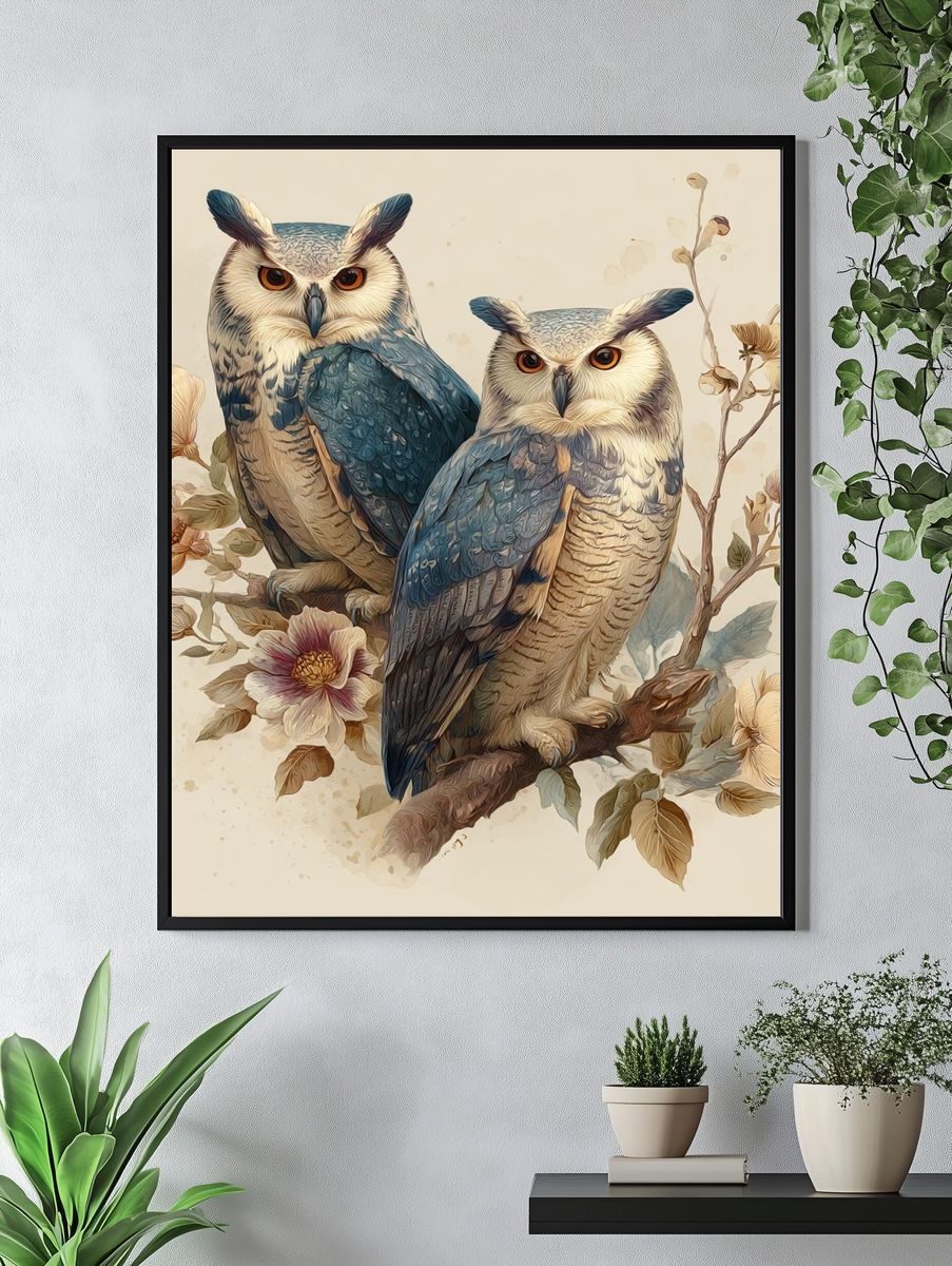 Owls and Flowers — Illustration Print. — room view 4
