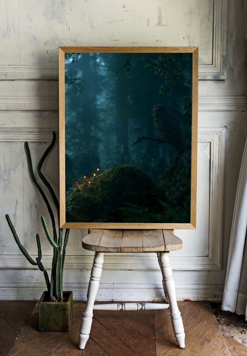 Owl in Misty Forest Poster. room preview