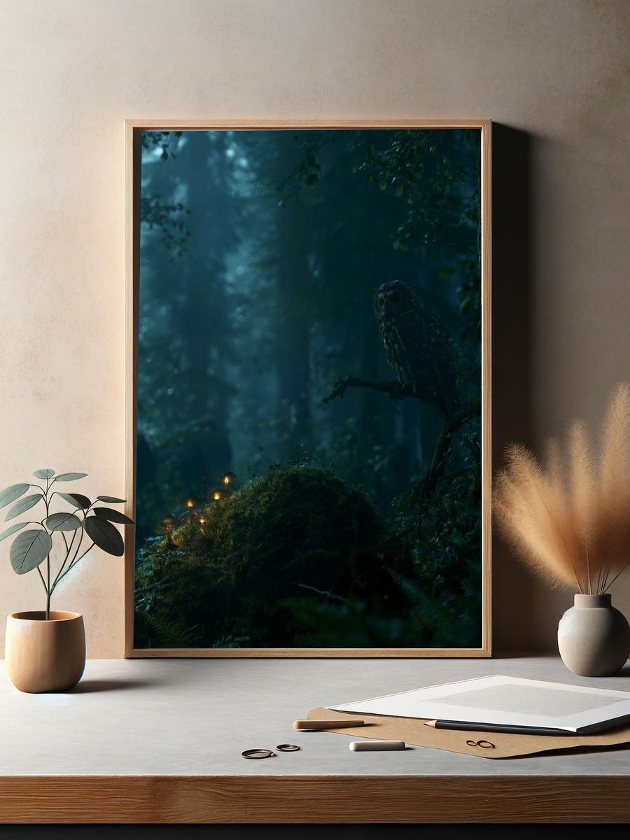 Owl in Misty Forest Poster. — room view 2