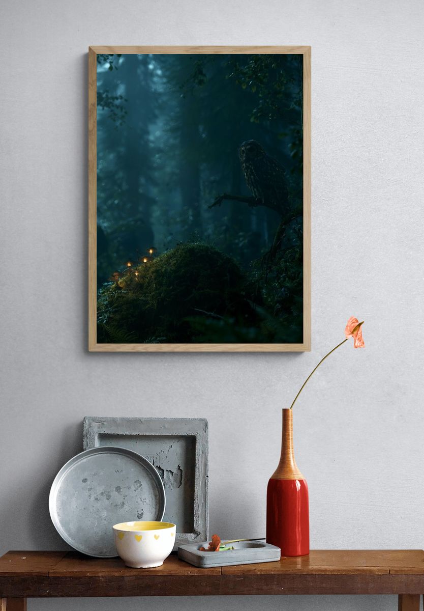 Owl in Misty Forest Poster. — room view 3