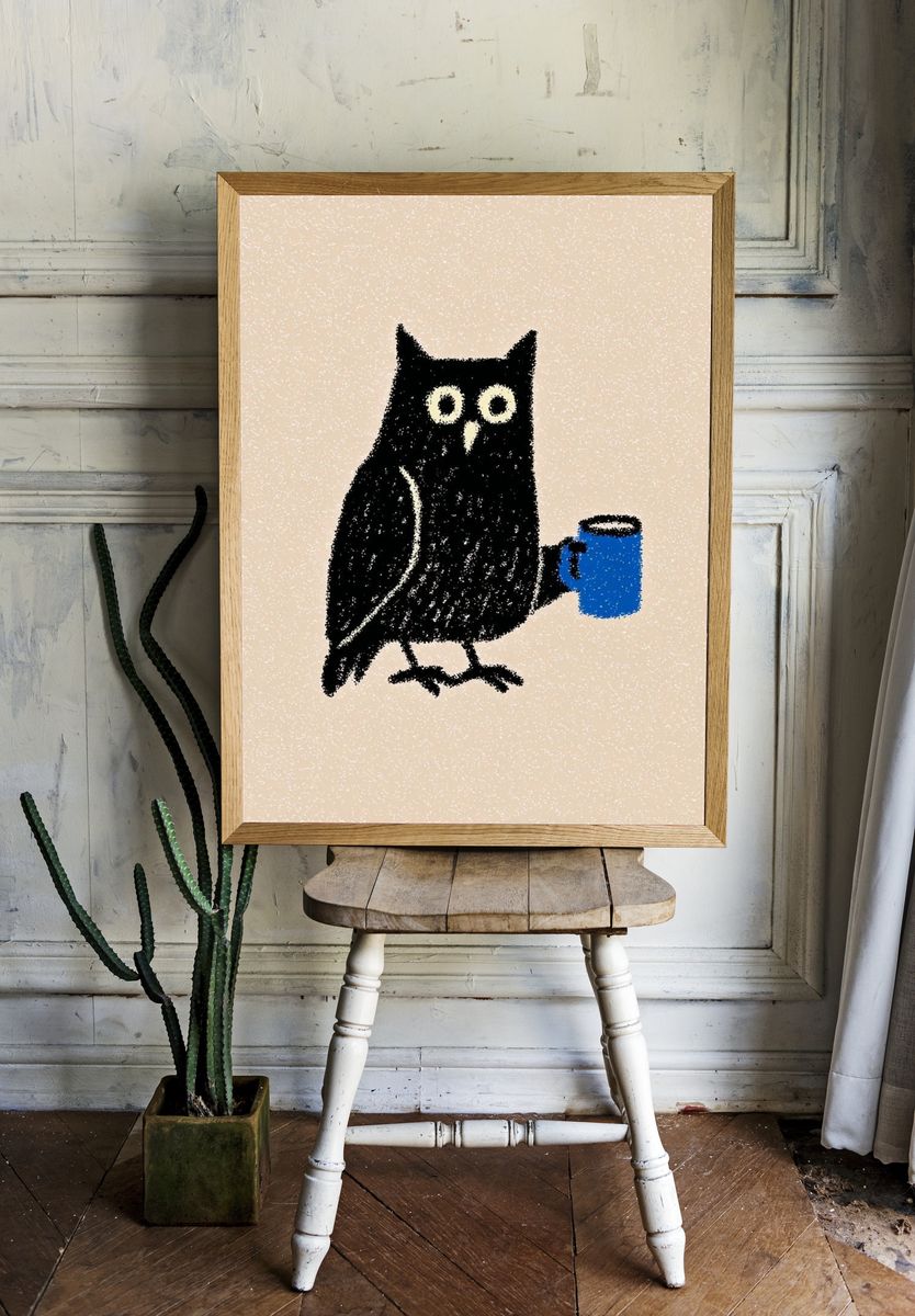 Owl with Coffee Mug — Illustration Print. — room view 1