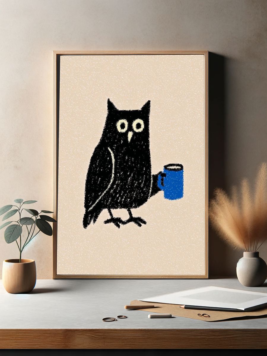 Owl with Coffee Mug — Illustration Print. — room view 2