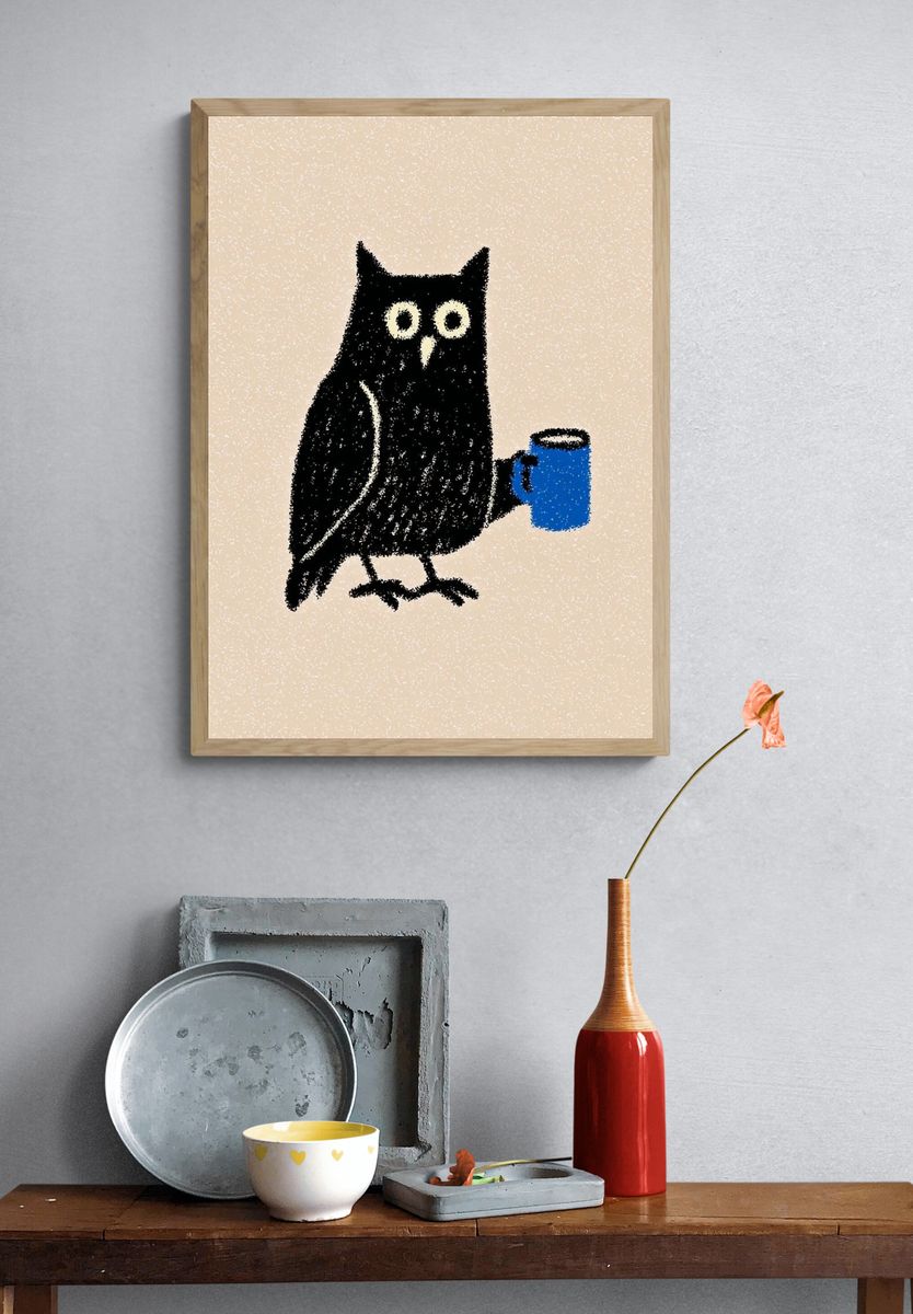 Owl with Coffee Mug — Illustration Print. — room view 3