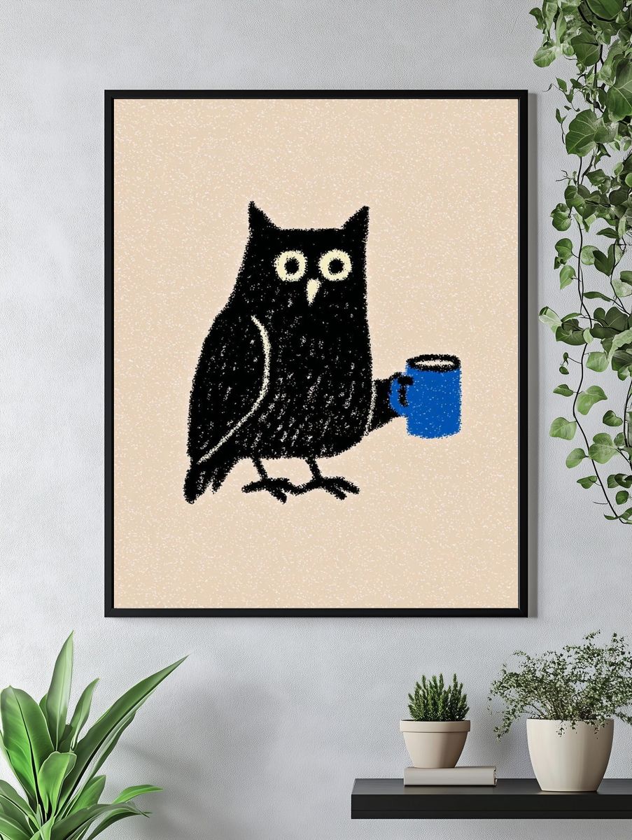 Owl with Coffee Mug — Illustration Print. — room view 4