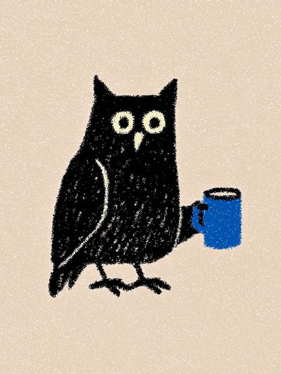 Owl with Coffee Mug — Illustration Print. poster print