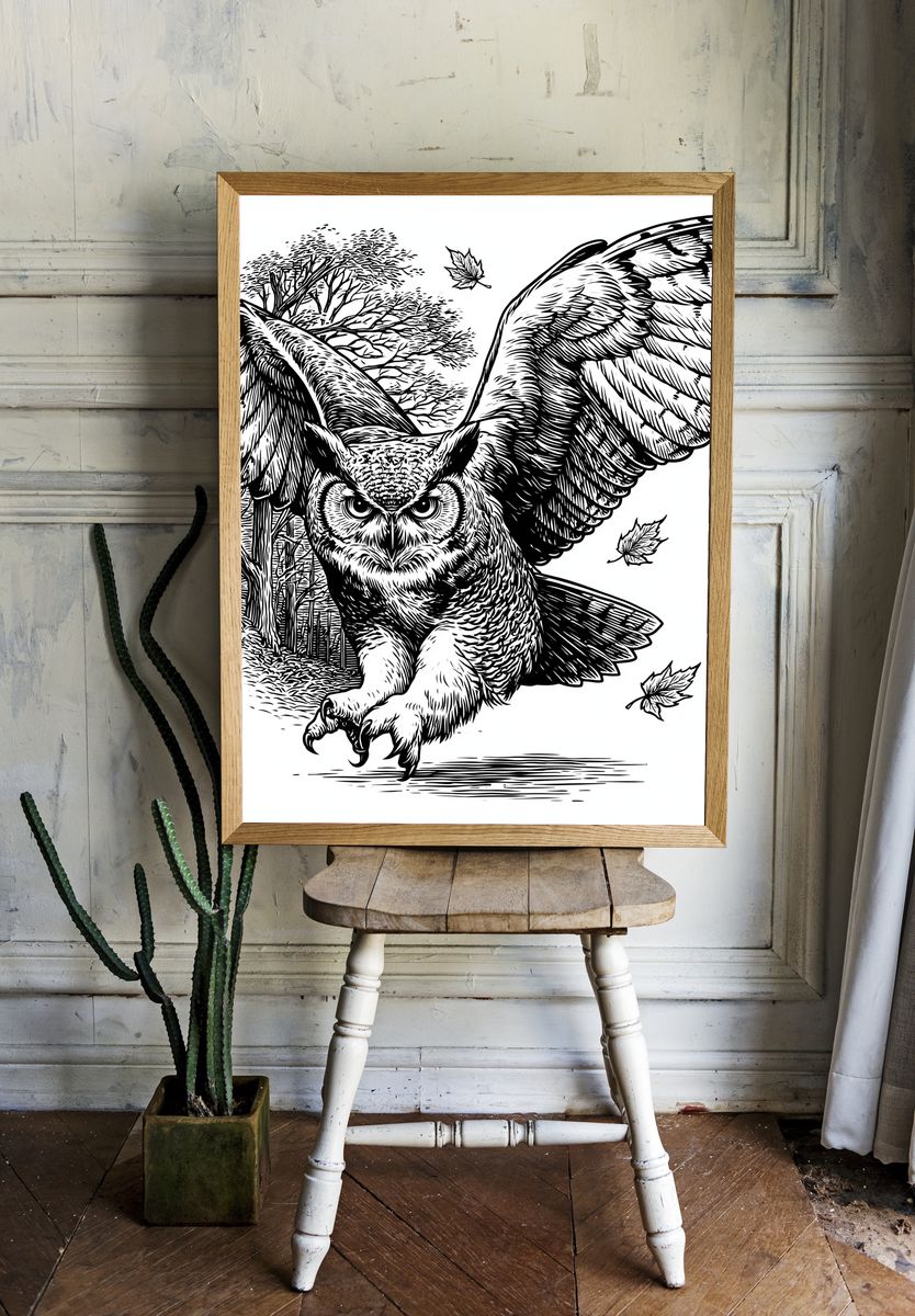 Flying Owl Ink Illustration Poster. — room view 1