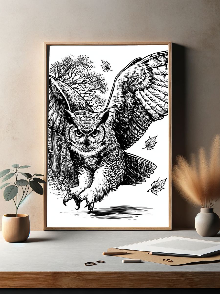 Flying Owl Ink Illustration Poster. — room view 2