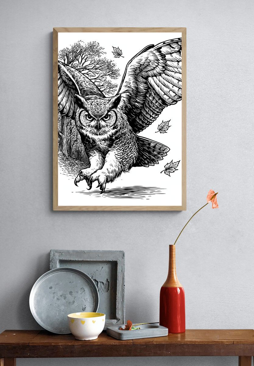 Flying Owl Ink Illustration Poster. — room view 3