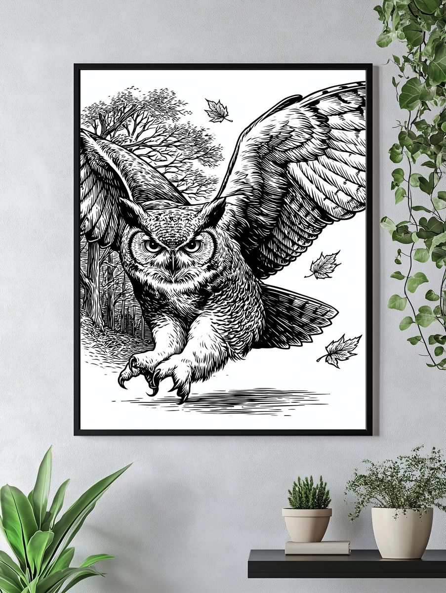 Flying Owl Ink Illustration Poster. — room view 4