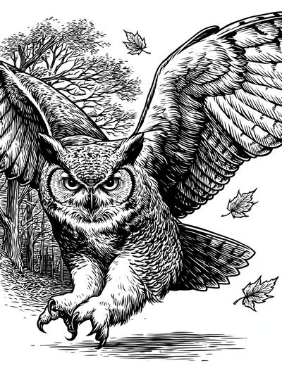 Flying Owl Ink Illustration Poster.