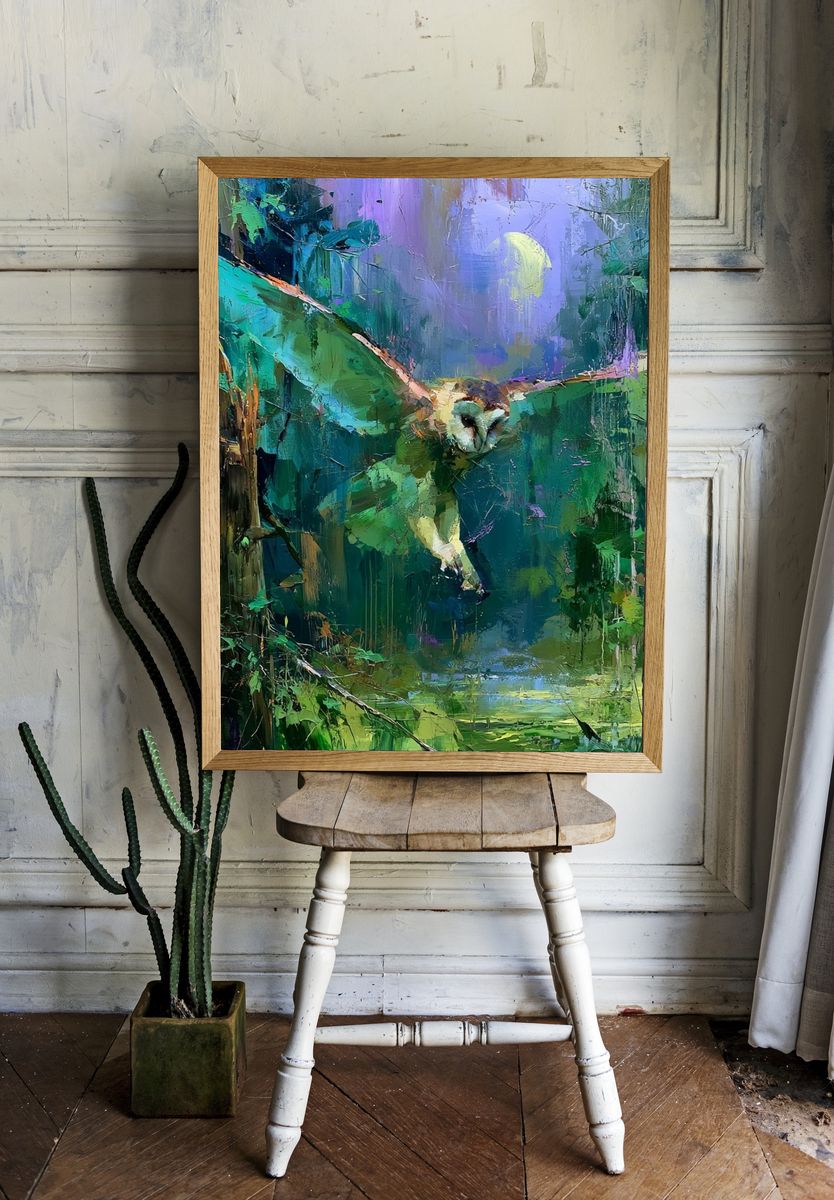 Owl in Moonlit Forest Illustration Poster. room preview