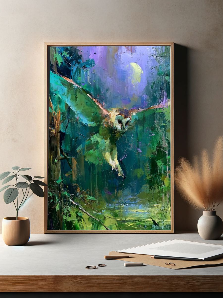 Owl in Moonlit Forest Illustration Poster. — room view 2