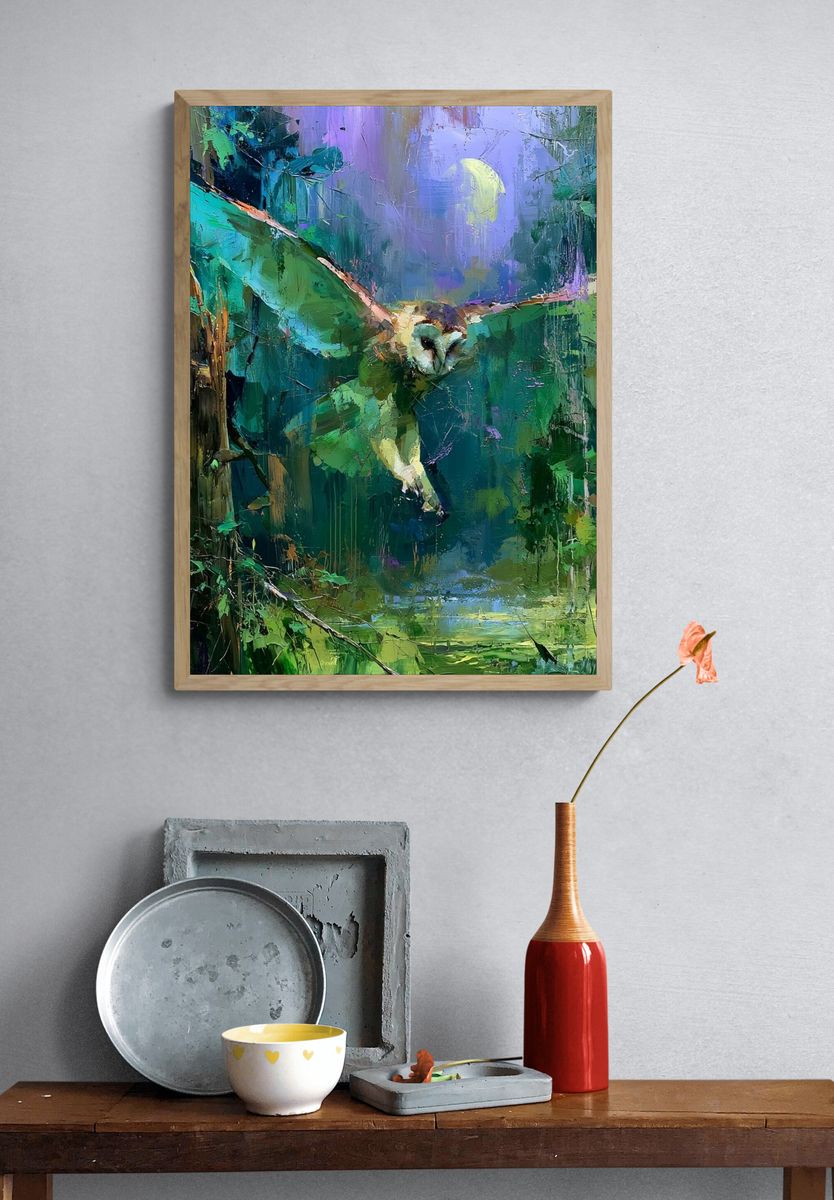 Owl in Moonlit Forest Illustration Poster. — room view 3