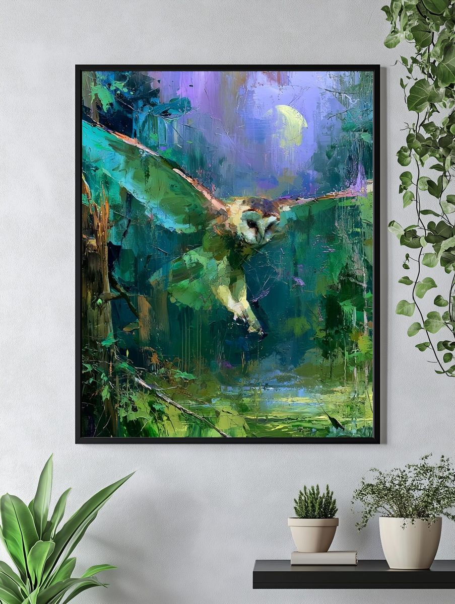 Owl in Moonlit Forest Illustration Poster. — room view 4