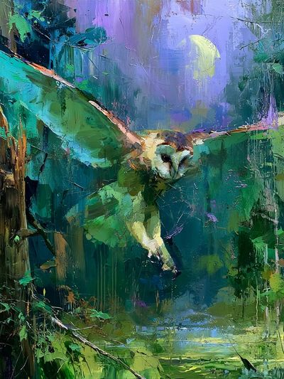 Owl in Moonlit Forest Illustration Poster.