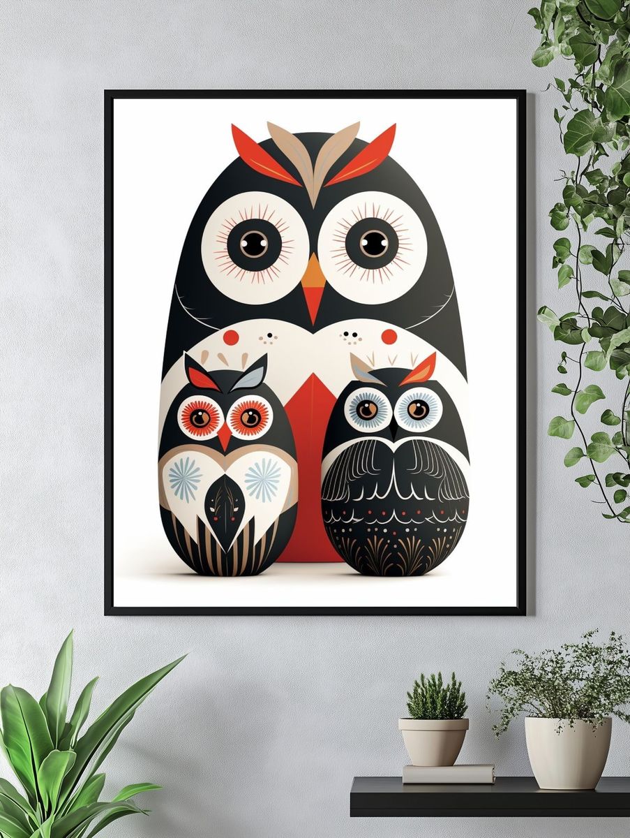 Decorative Owl Family Illustration Poster. — room view 4