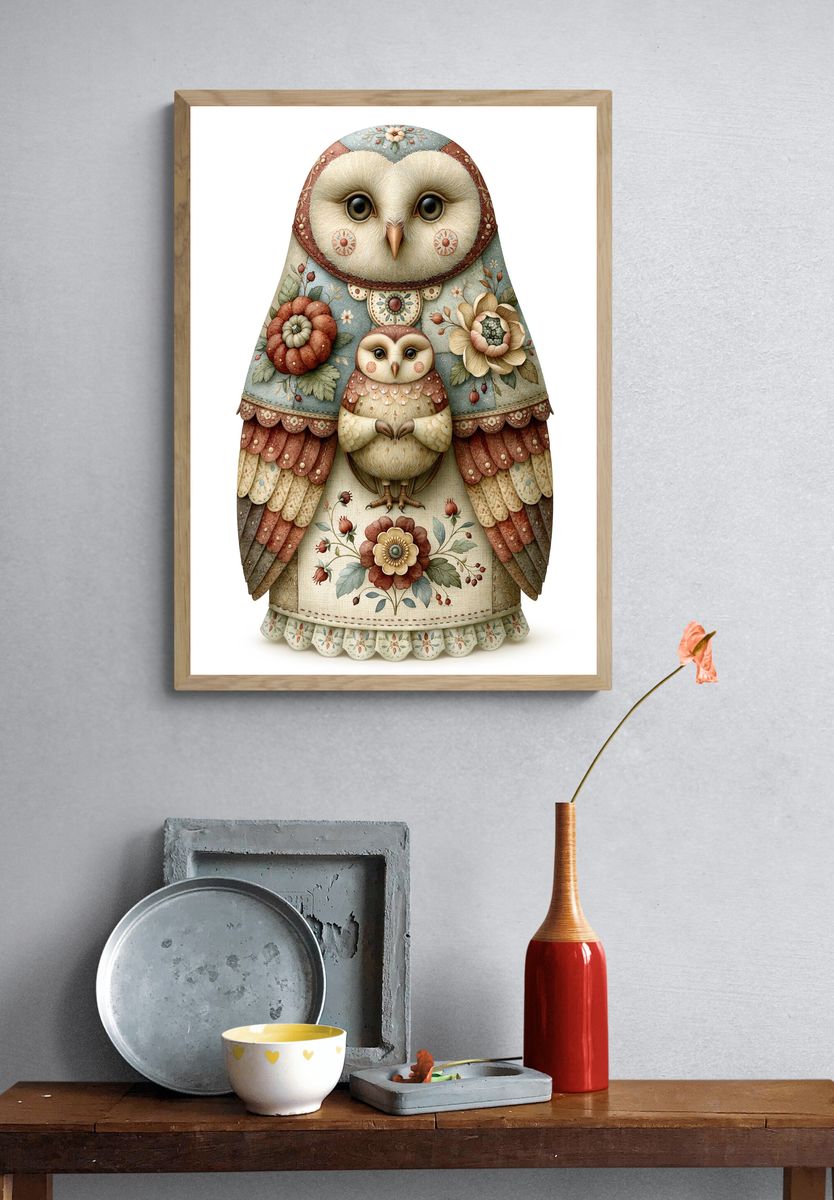 Floral Owl Family Illustration Poster. — room view 3