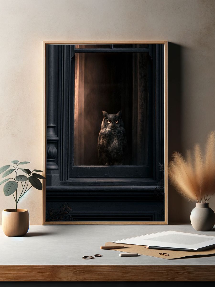 Owl in Window Photography Poster. — room view 2